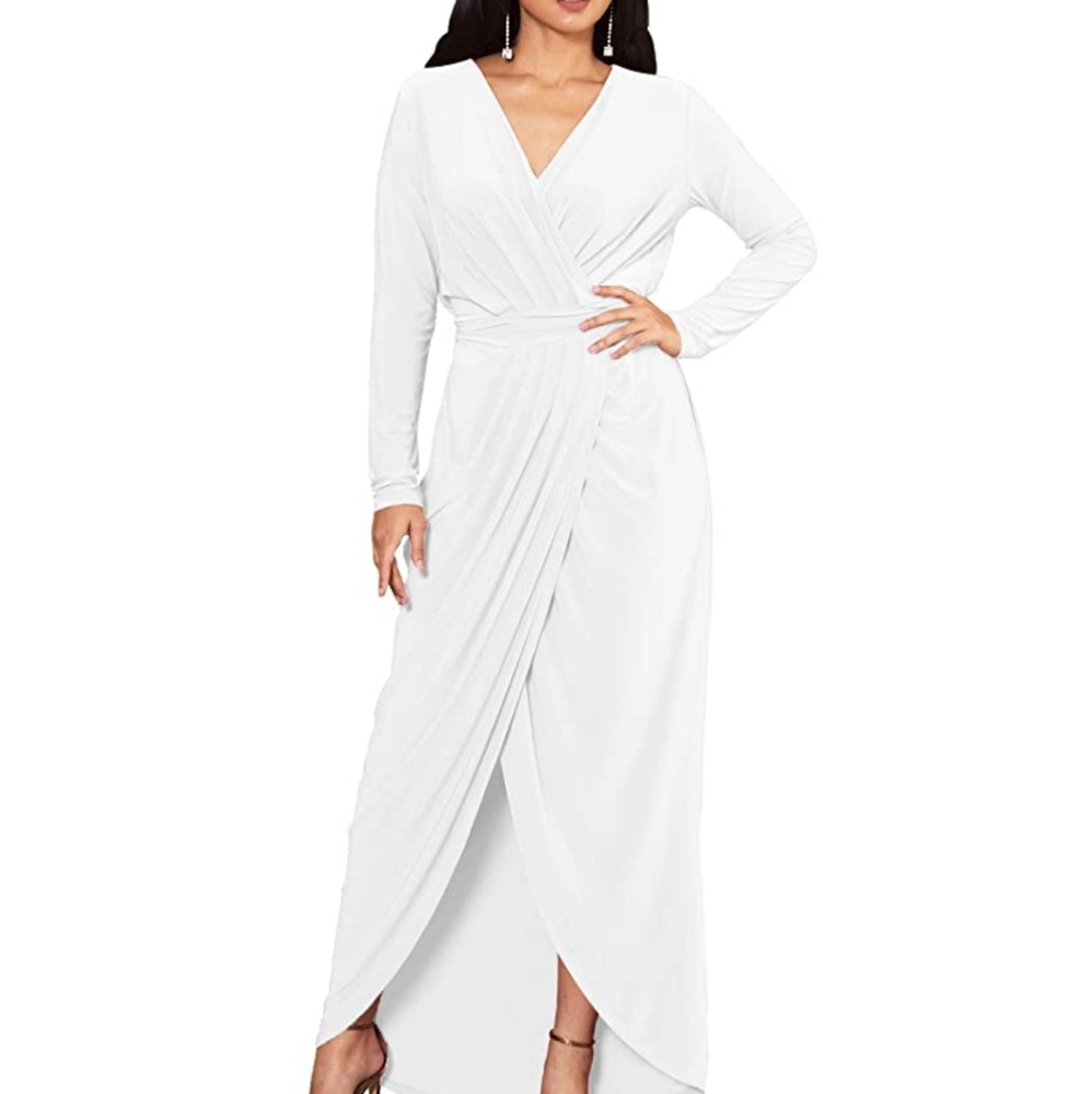 V Neck Wrap Around Long Sleeve Dress